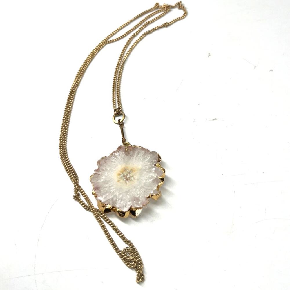 Solar quartz druzy flower slice pendant necklace gemstone trimmed gold w/ chain